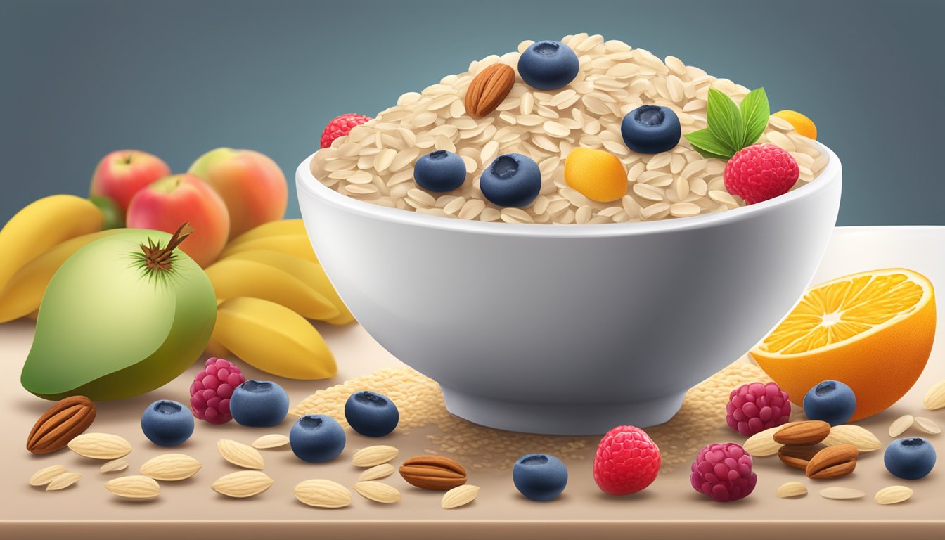 A bowl of sugary, artificially flavored oatmeal next to a pile of fresh, whole oats and a variety of colorful fruits and nuts