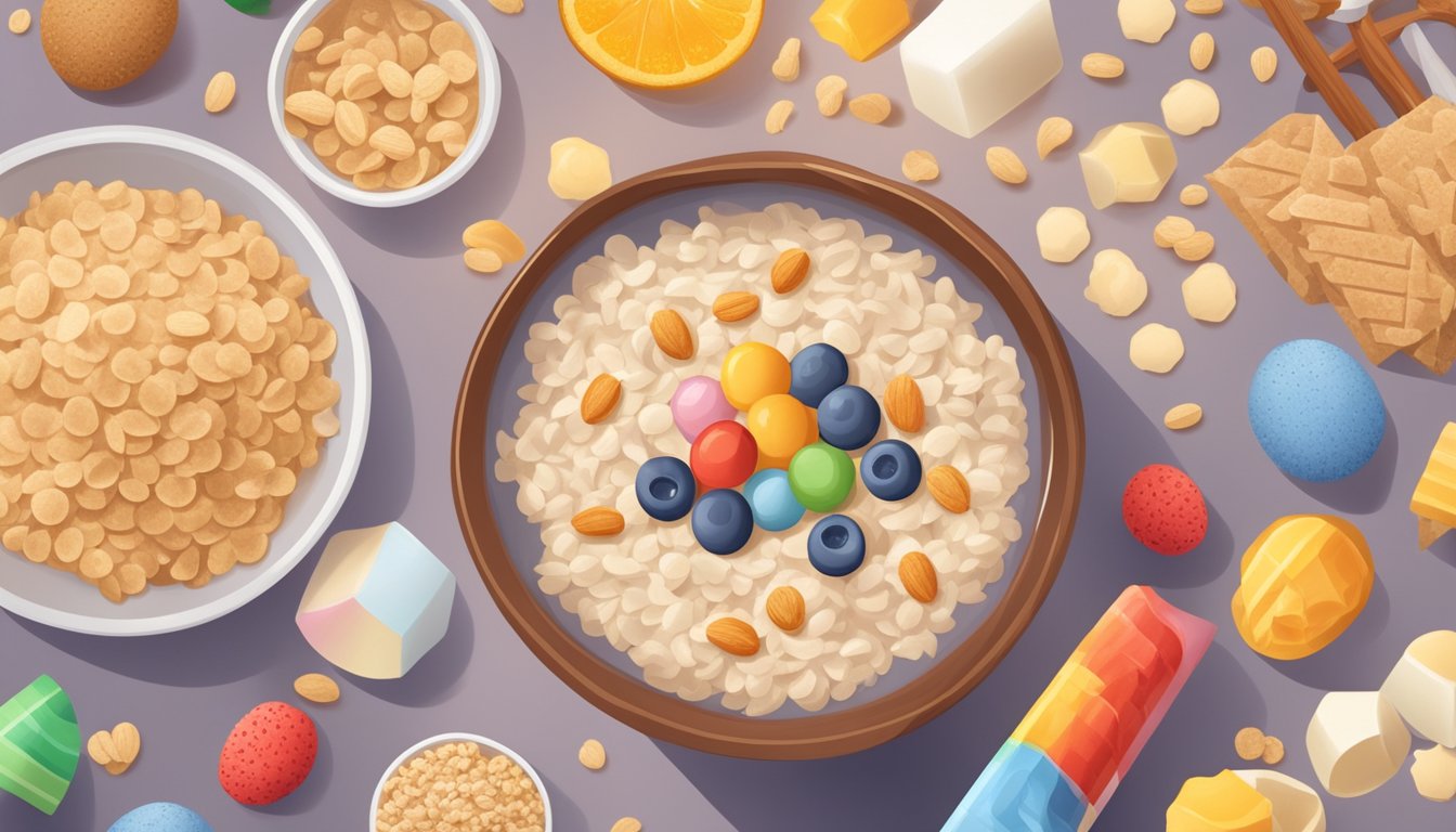 A bowl of flavored oatmeal surrounded by warning signs and symbols of unhealthy ingredients like sugar and artificial flavors