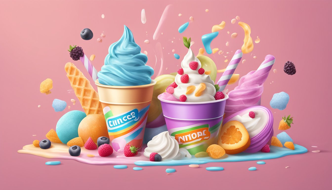 A melting frozen yogurt cone surrounded by unhealthy processed ingredients and a warning sign