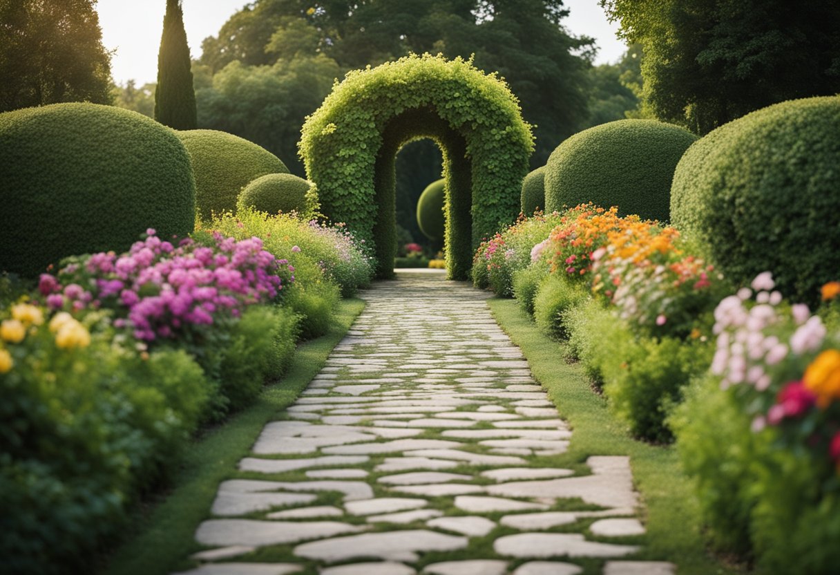 A stone path winds through a lush garden, leading to a grand entrance adorned with climbing vines and colorful flowers. Tall hedges frame the scene, creating a sense of privacy and tranquility