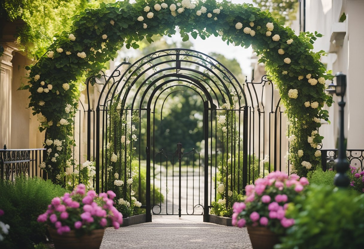 A wrought iron arbor stands as the focal point of a lush garden entrance, surrounded by vibrant flowers and climbing vines