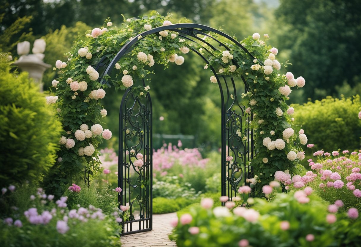 A wrought iron trellis arch covered in blooming flowers stands at the entrance to a lush garden