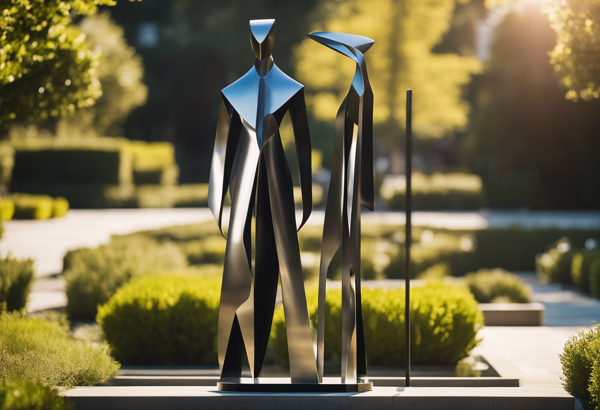 A sleek metal sculpture stands at the entrance of a garden, reflecting the sunlight and casting intriguing shadows on the surrounding landscape