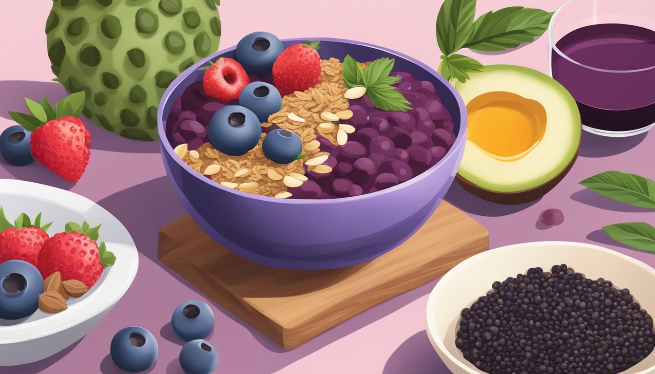 Acai bowl ingredients arranged on a table with fresh fruit, granola, and acai puree in a decorative bowl