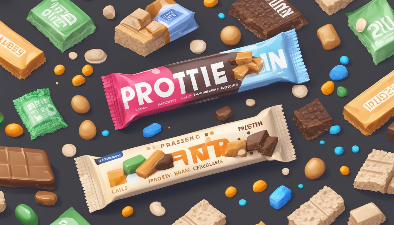 A pile of protein bars surrounded by various unhealthy additives and chemicals, with a warning label in the background