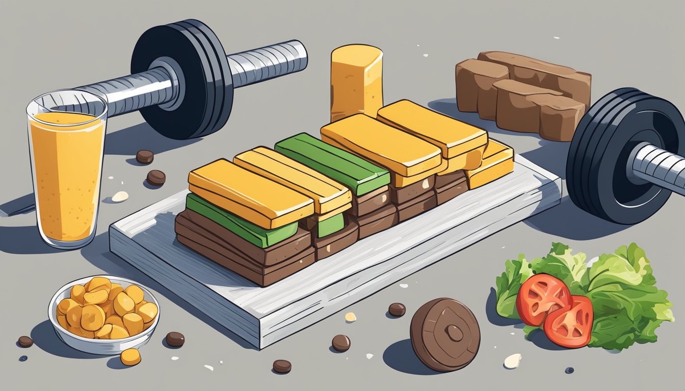 A stack of colorful protein bars surrounded by a tape measure, dumbbells, and a wilted salad on a table