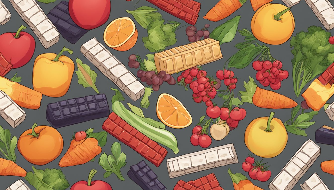 A pile of discarded protein bars surrounded by wilted vegetables and fruits. A large red X is drawn over the bars to symbolize their unhealthy nature