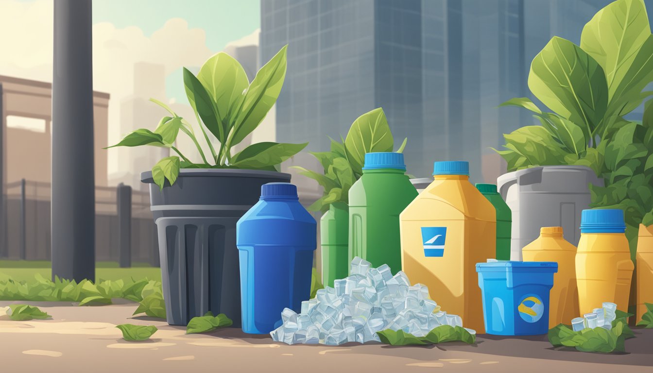 A pile of discarded sports drink bottles next to a trash can, with a wilted plant in the background