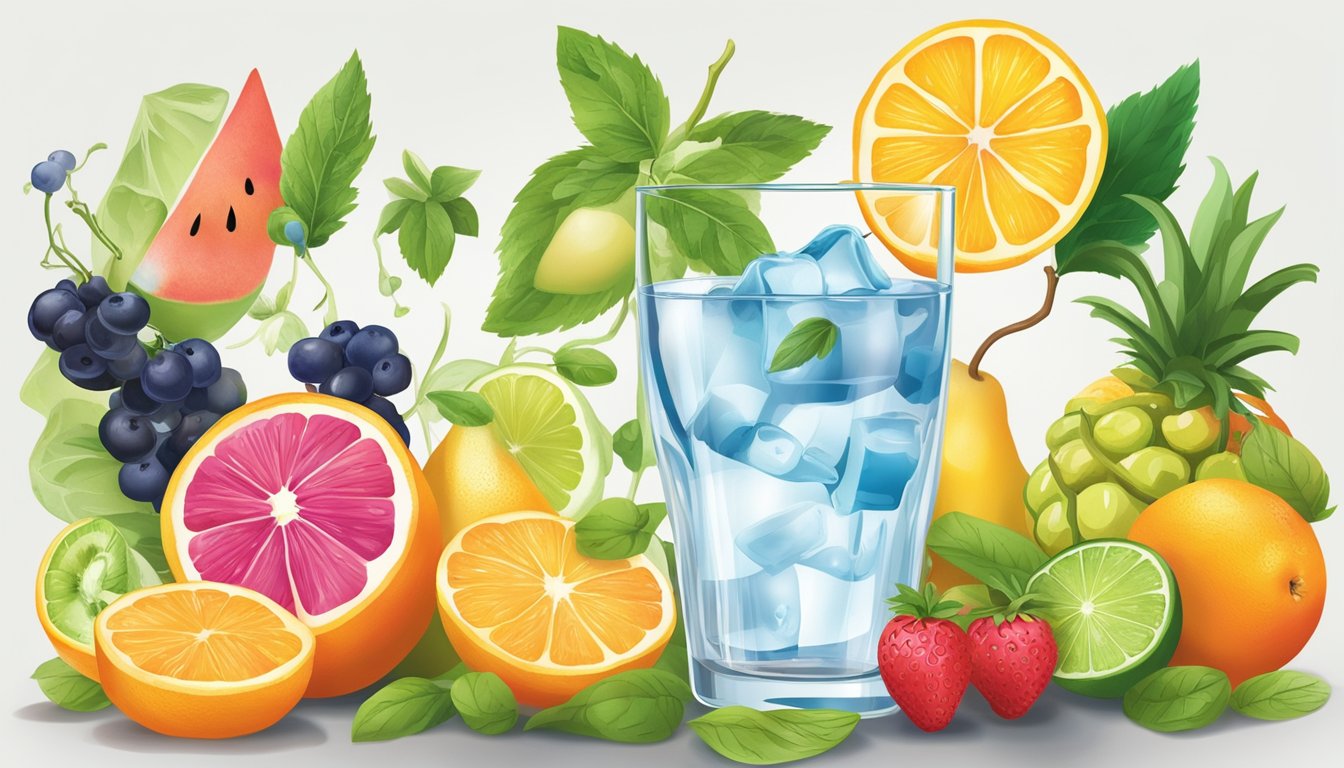 A variety of colorful and appealing fruit and herb ingredients are shown being added to a glass of water, creating a visually enticing but potentially unhealthy flavored water concoction