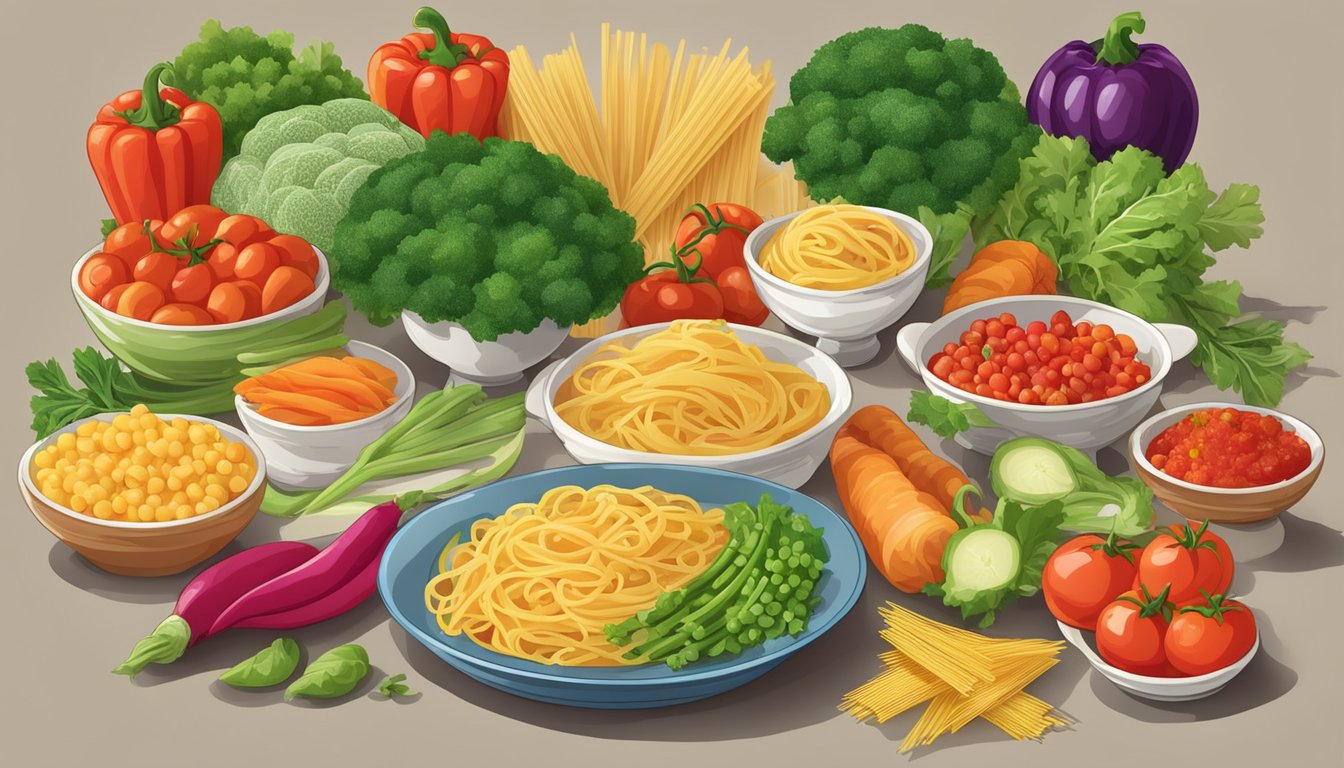 A colorful array of fresh vegetables and pasta arranged on a kitchen counter, with a bold red "X" crossing out the word "healthy."