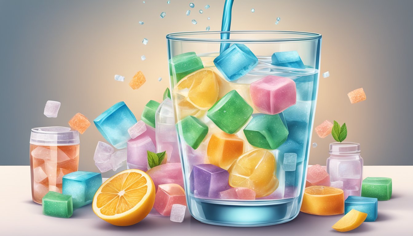 A glass of flavored water with artificial sweeteners and additives, surrounded by images of unhealthy side effects like tooth decay and weight gain