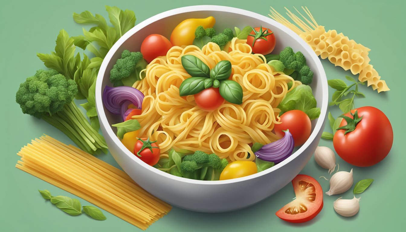 A variety of colorful vegetables arranged around a bowl of pasta, with a red "no" symbol over the pasta