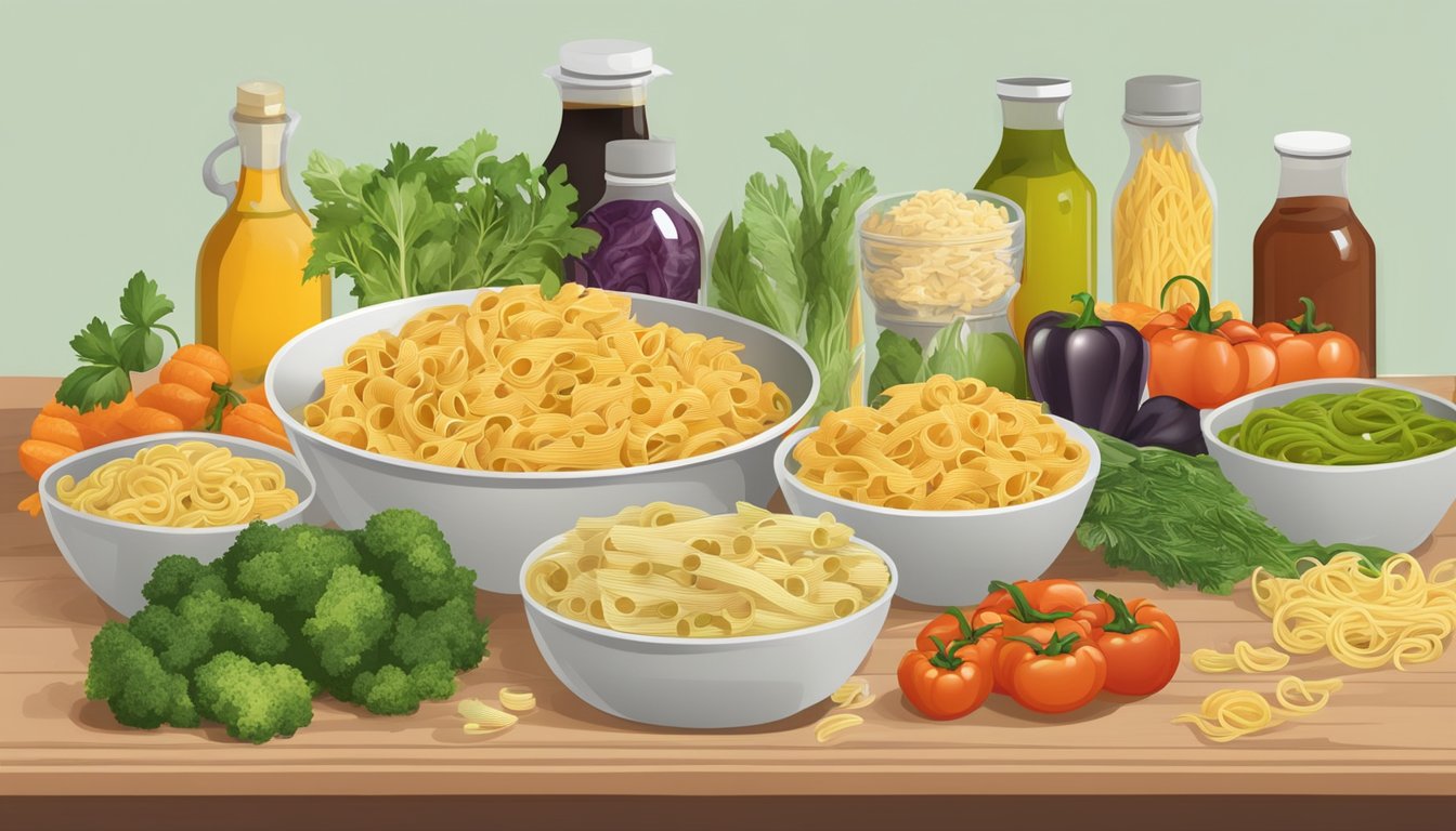 A table set with various vegetable pastas, surrounded by unhealthy processed ingredients and a warning label