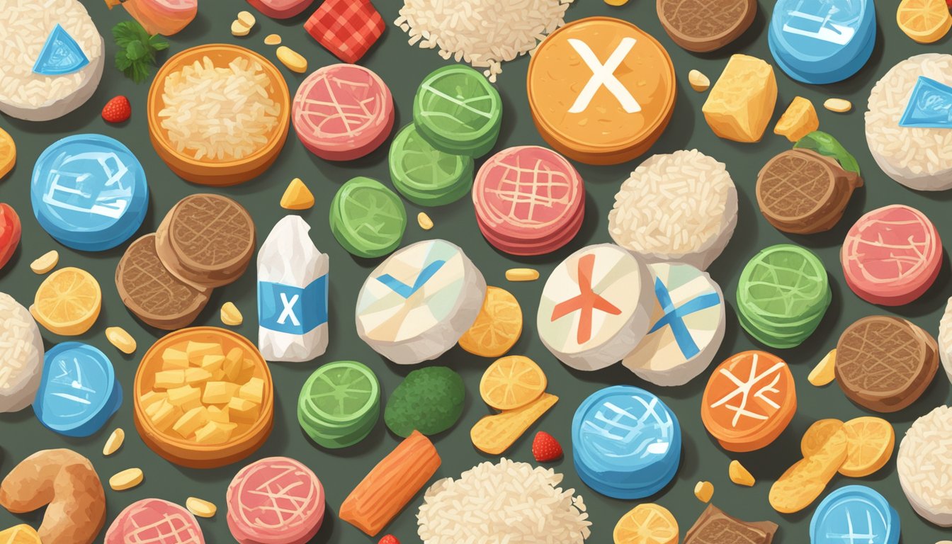 A pile of rice cakes surrounded by unhealthy food labels and a red "X" mark