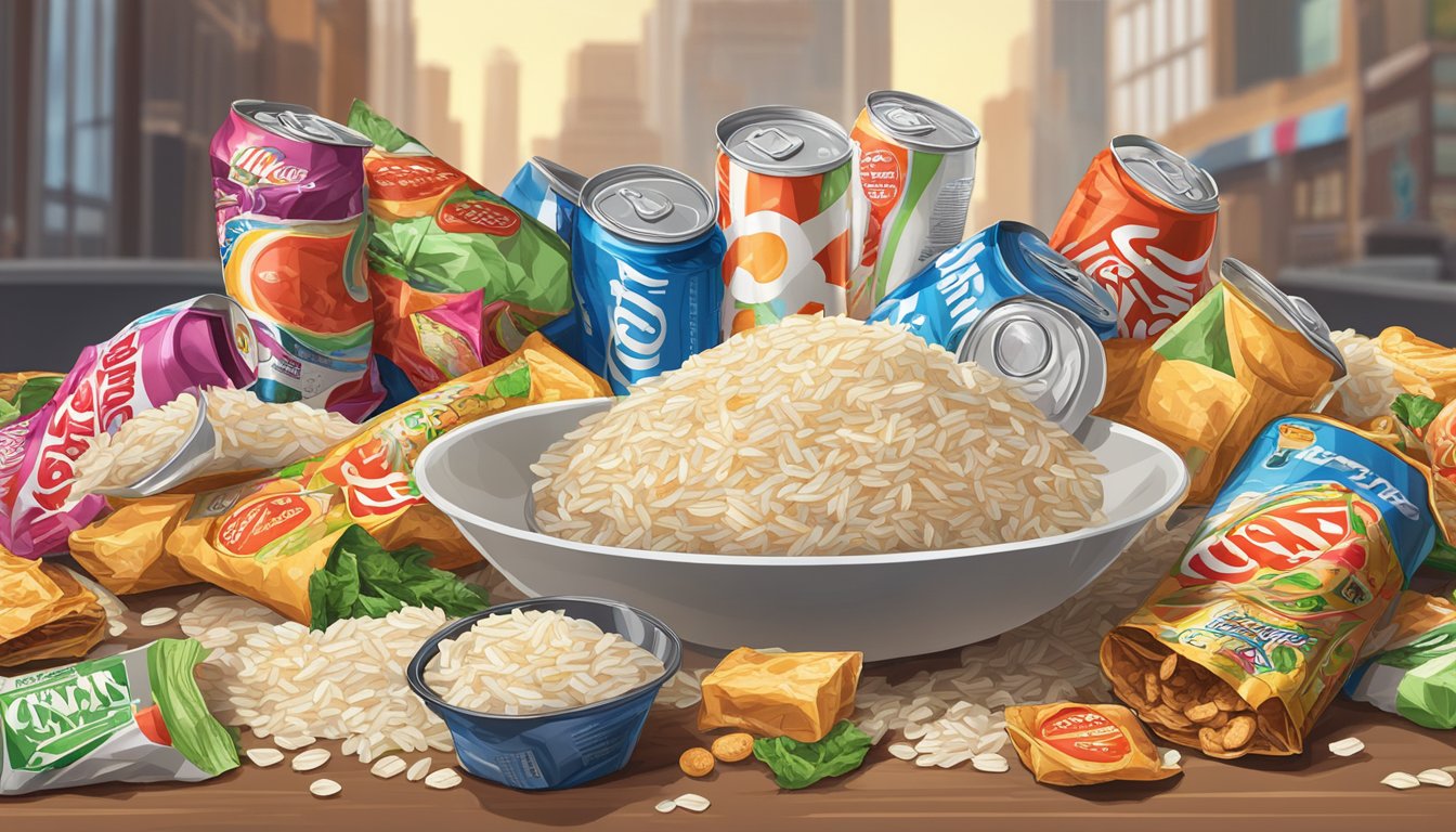 A pile of rice cakes surrounded by junk food wrappers and empty soda cans, with a wilted salad in the background