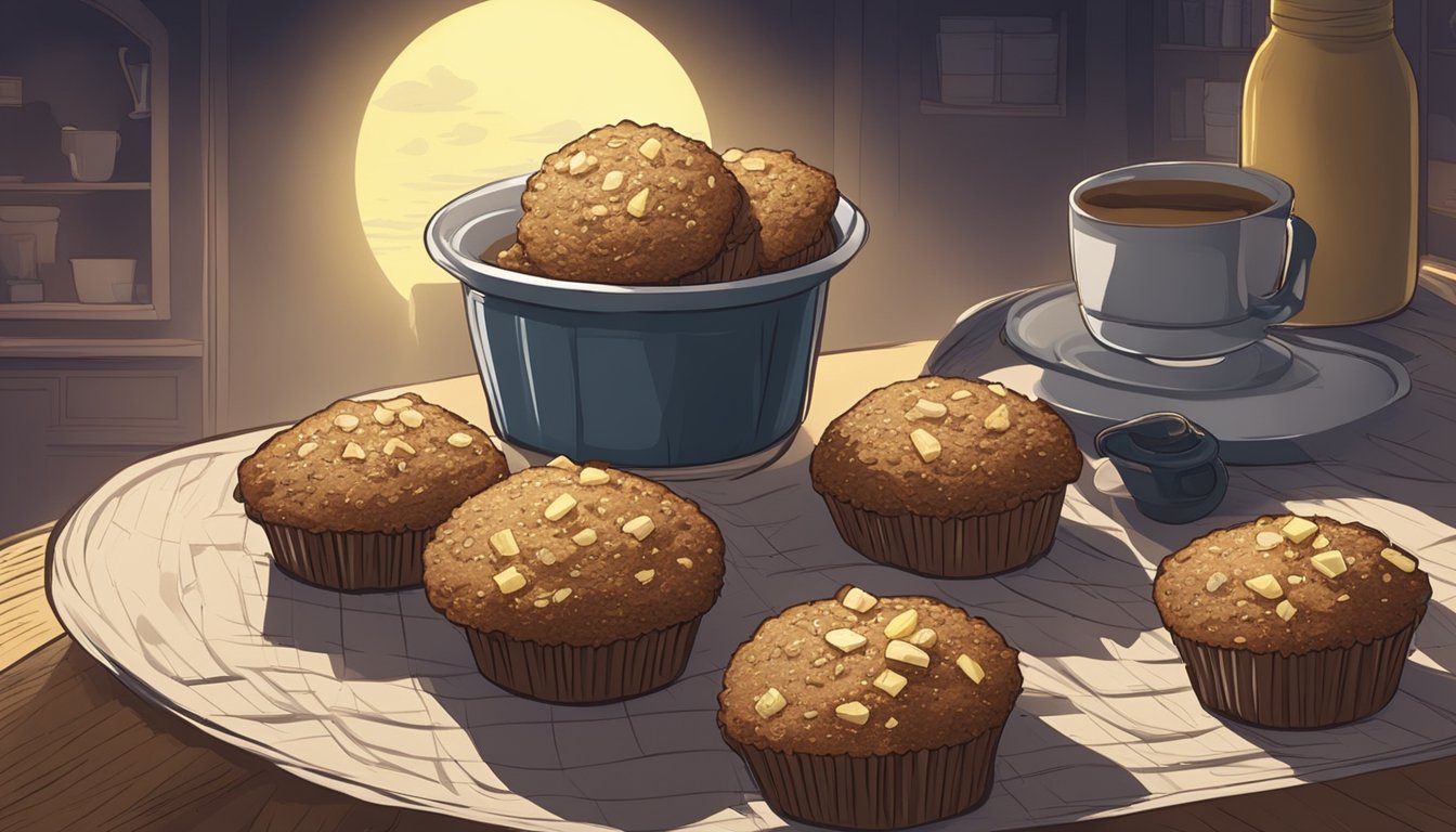 A pile of bran muffins surrounded by sugar and butter, with a shadowy figure looming in the background