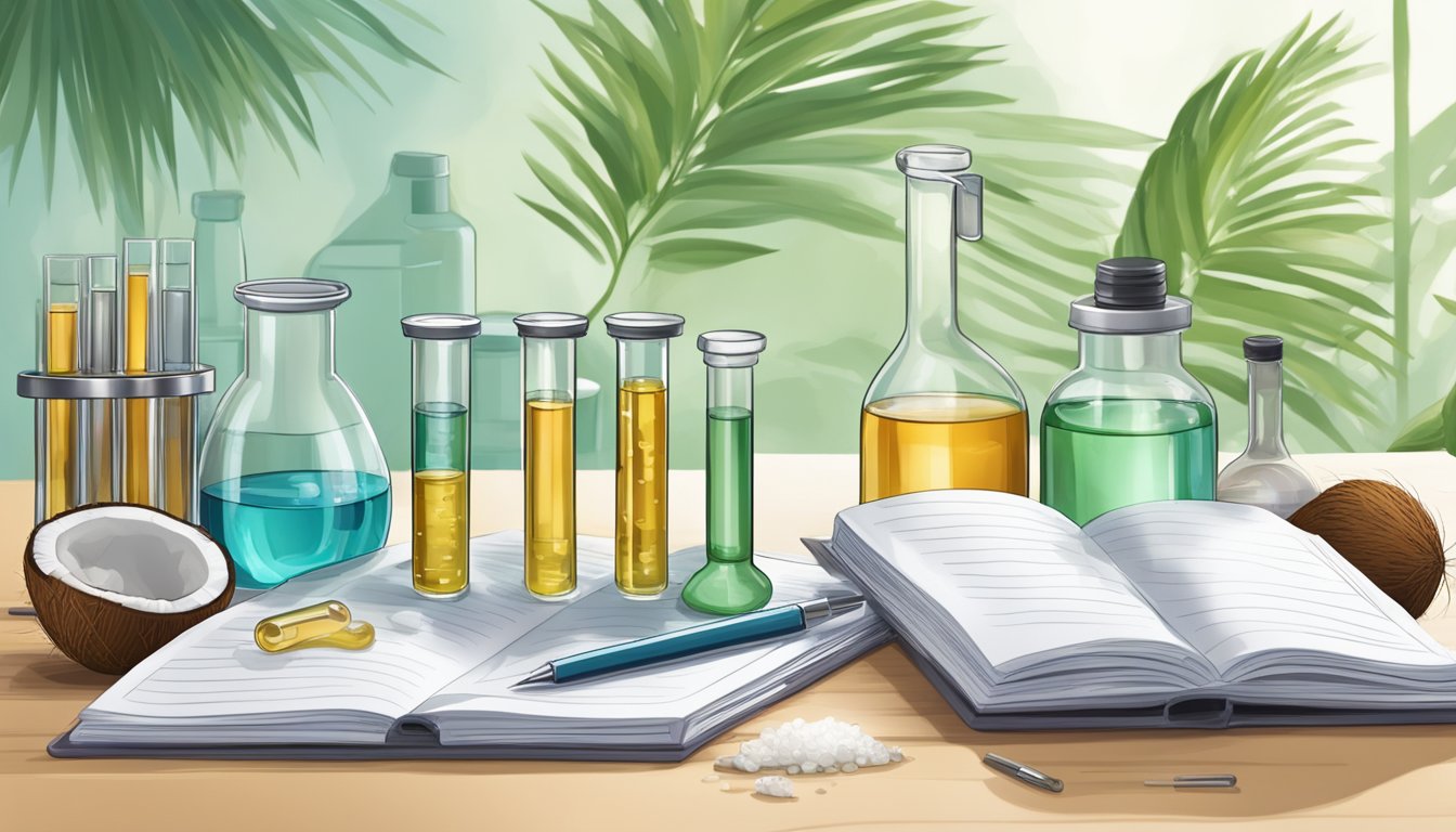 A lab setting with test tubes and beakers, a microscope, and scientific journals open to articles about coconut oil and health