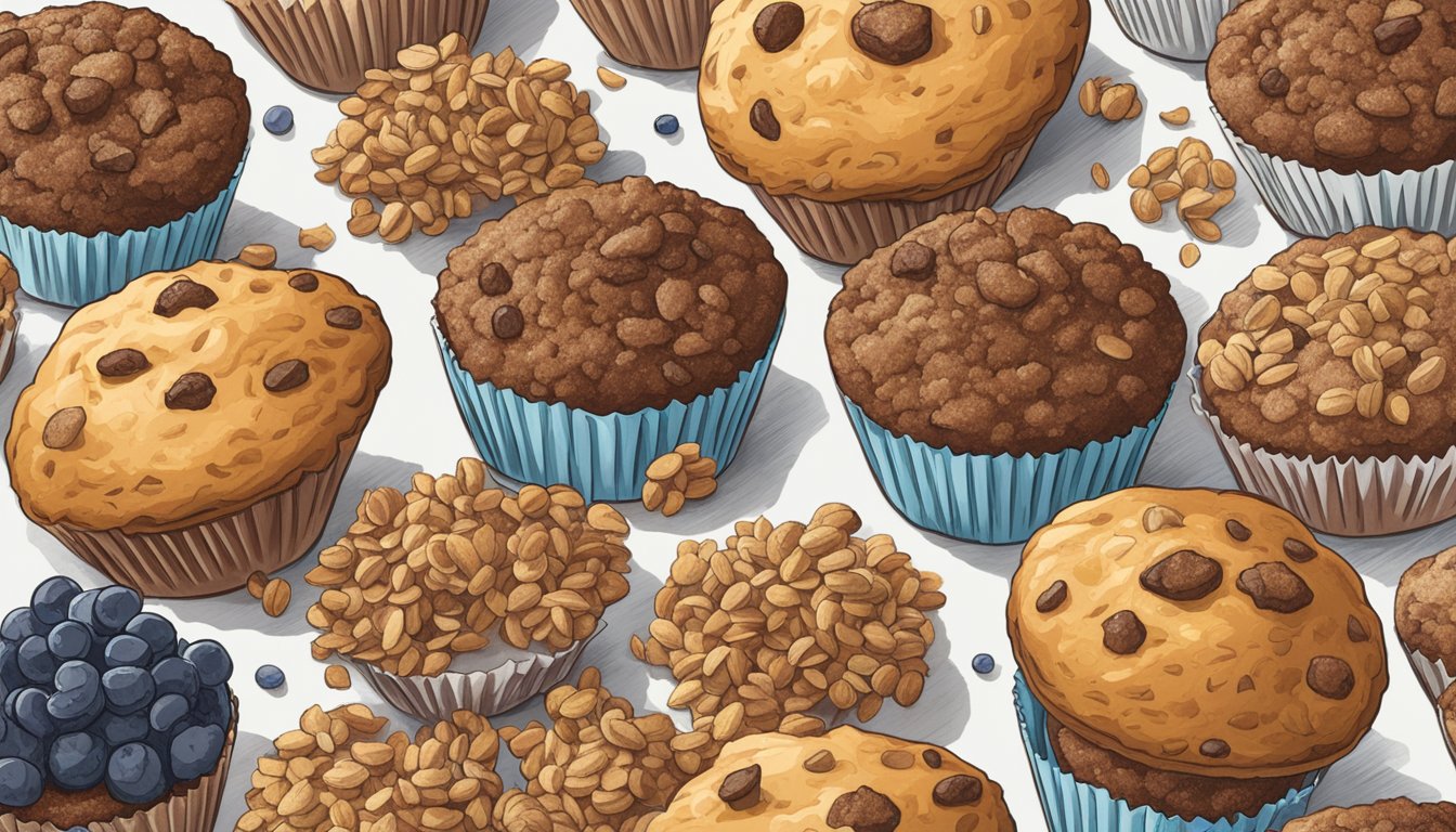 A pile of bran muffins surrounded by sugary cereals and sweet pastries, with a label reading "Carbohydrates and Bran Muffins: Why Bran Muffins Are Not Healthy At All"