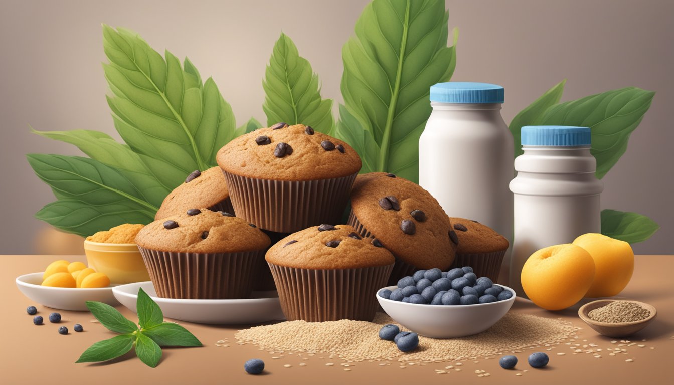 A pile of bran muffins surrounded by vitamin and mineral supplements, with a large fiber-rich plant in the background