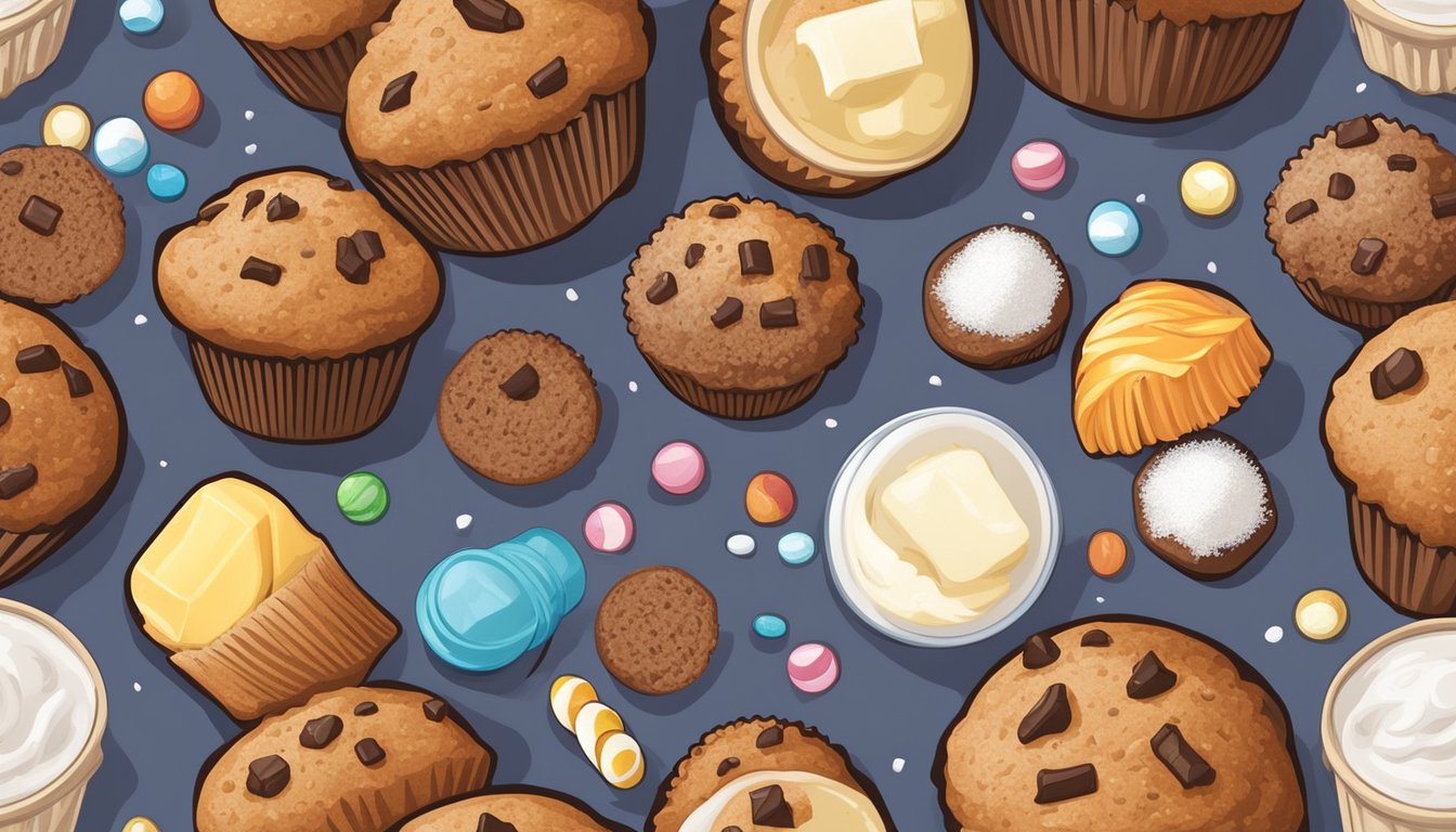 A pile of bran muffins surrounded by unhealthy ingredients like sugar, butter, and white flour. A nutrition label shows high levels of calories and fat