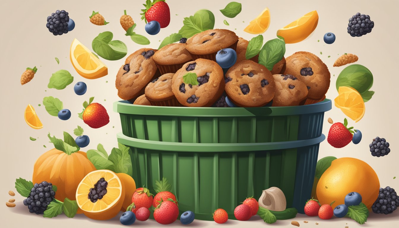 A pile of bran muffins being thrown into a trash can, surrounded by fresh fruits and vegetables