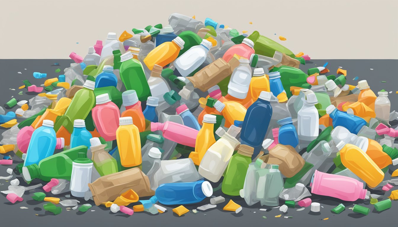 A pile of discarded plastic meal replacement shake bottles in a landfill, surrounded by other non-biodegradable waste