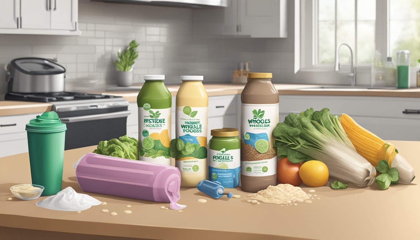 A cluttered kitchen counter with empty, discarded meal replacement shake bottles and fresh, whole foods spilling out of a grocery bag