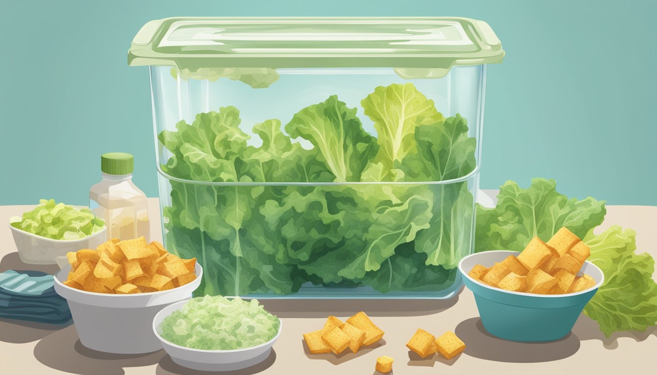 A pile of wilted lettuce, discolored vegetables, and soggy croutons sit at the bottom of a clear plastic container, surrounded by a pool of watery dressing