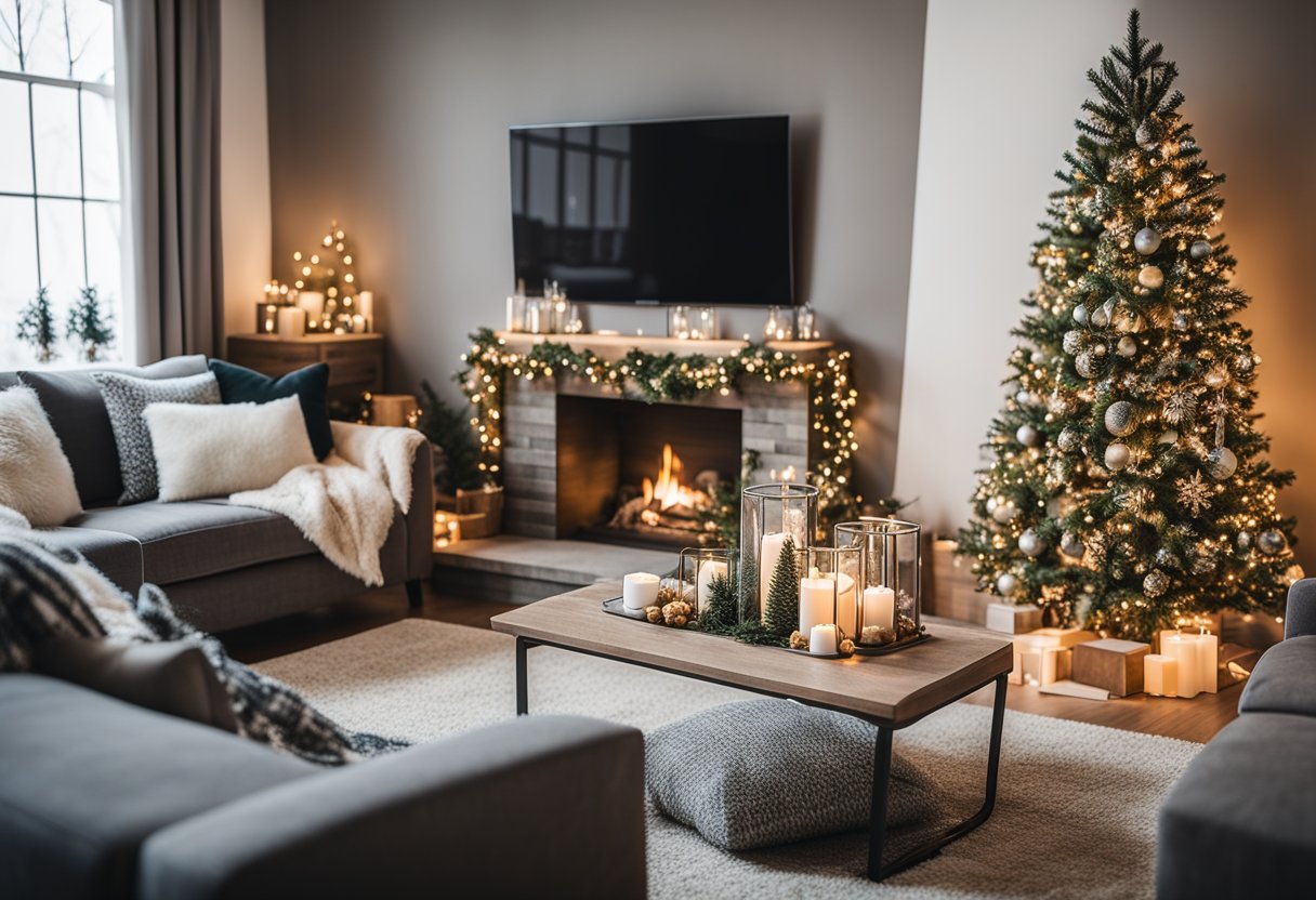 A cozy living room with a fireplace, adorned with winter-themed decor such as snowflake-patterned throw pillows, evergreen garlands, and twinkling fairy lights