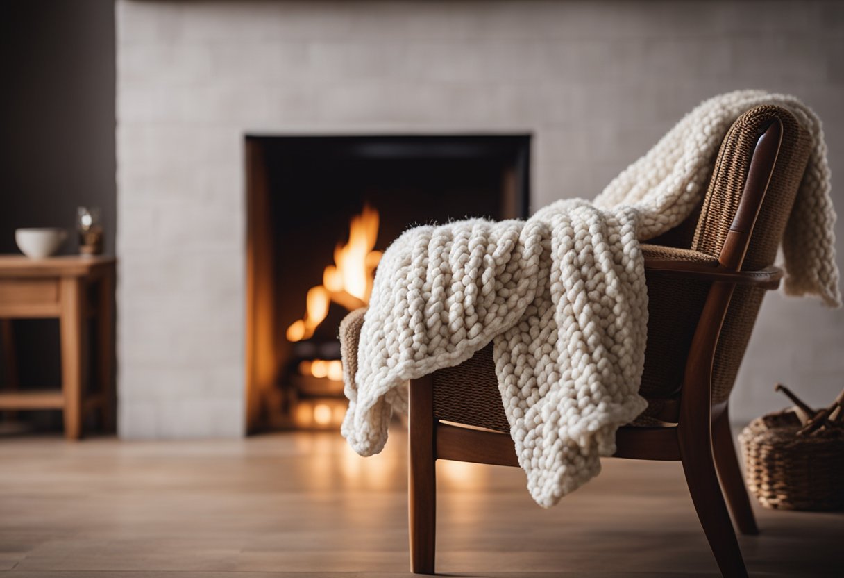 A cozy knitted throw blanket draped over a rustic wooden chair in front of a crackling fireplace