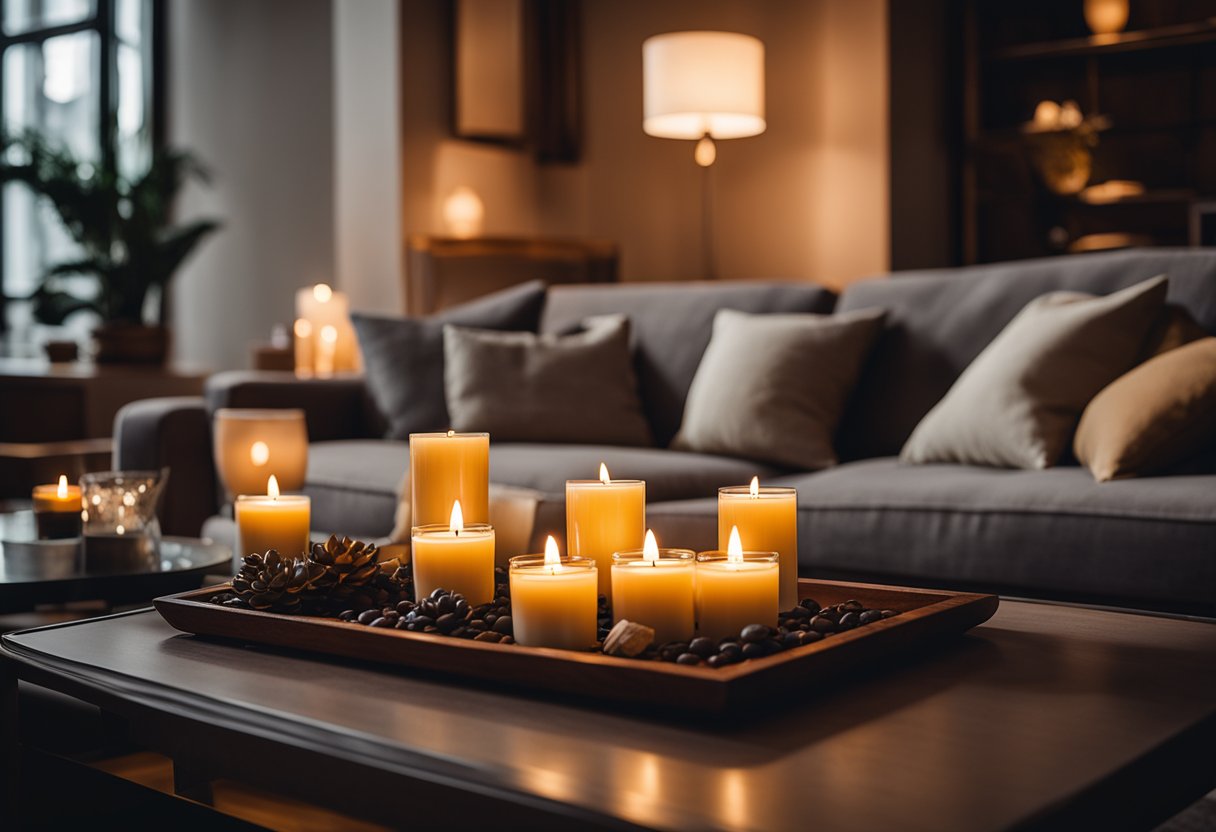 A cozy living room with scented soy wax candles arranged on a coffee table, casting a warm glow in the evening