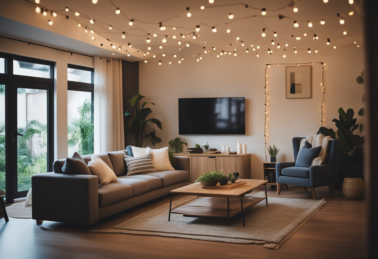 A cozy living room with indoor string lights draped across the ceiling, creating a warm and inviting atmosphere for a home decor illustration