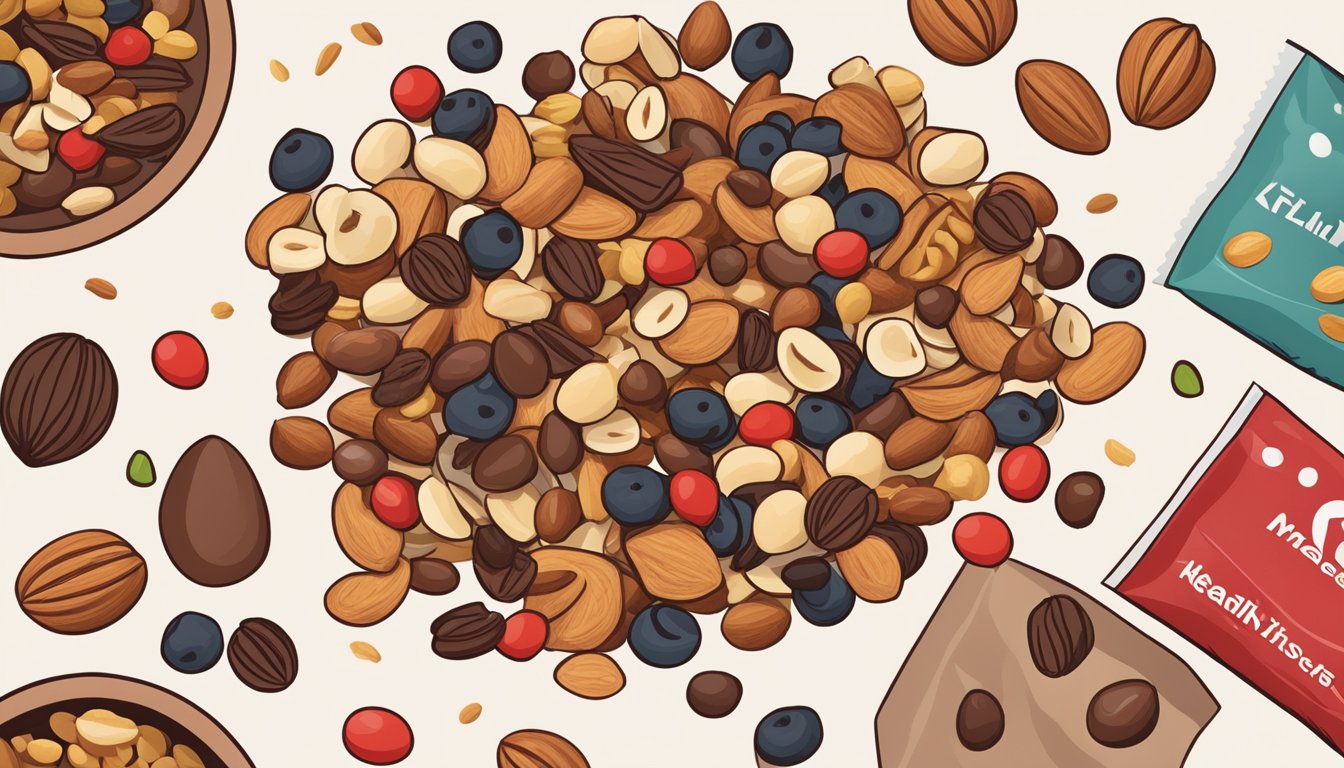 A pile of trail mix ingredients scattered on a table: nuts, seeds, dried fruits, and chocolate chips. A red circle with a line through it indicates the unhealthiness of the mix