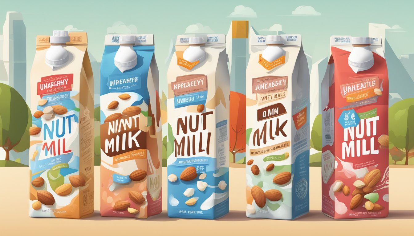 A variety of flavored nut milk cartons surrounded by warning signs and red "unhealthy" labels