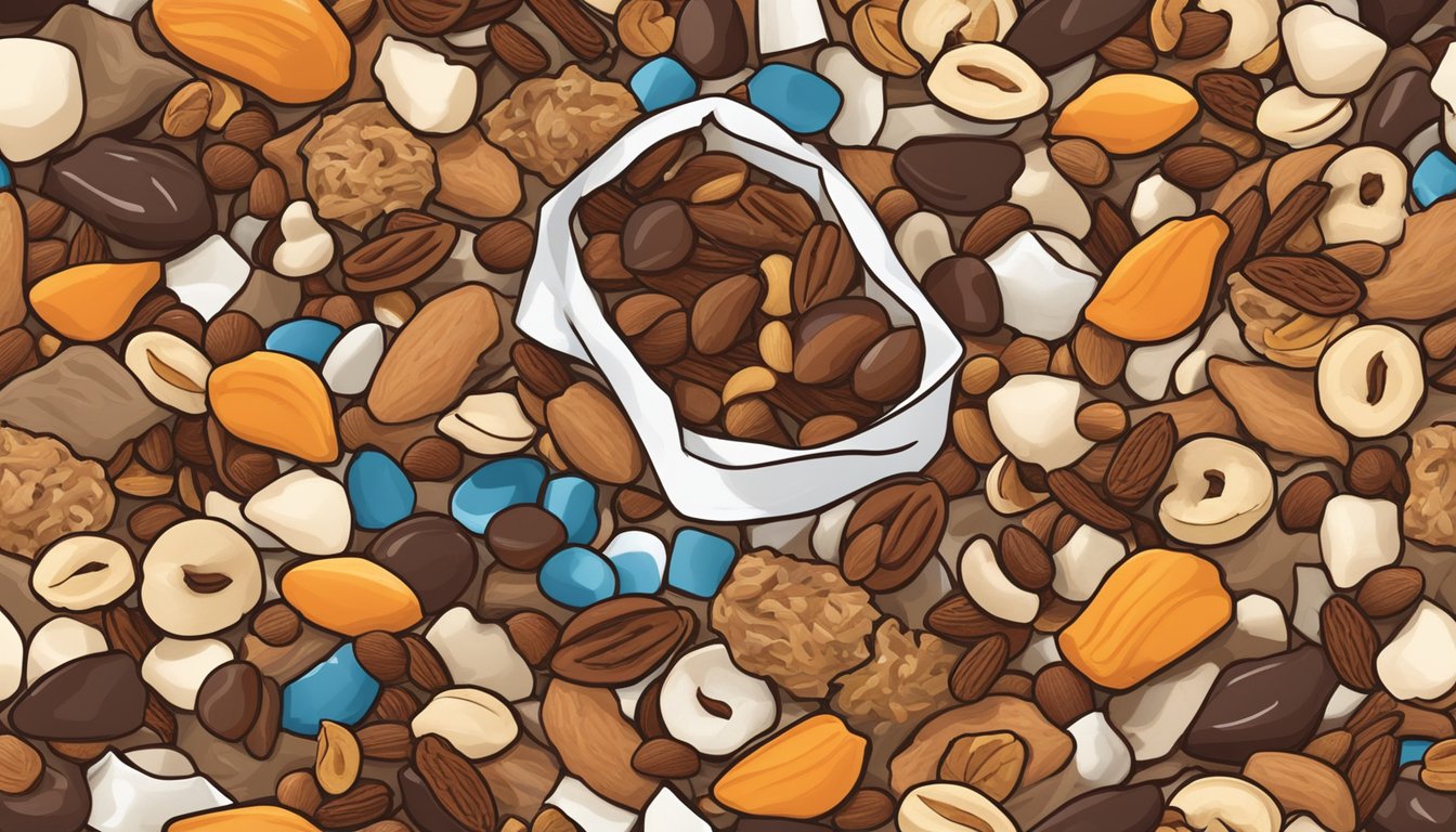 A pile of trail mix spills from a torn bag, surrounded by scattered nuts, seeds, and dried fruit. A nutrition label reveals high sugar and sodium content