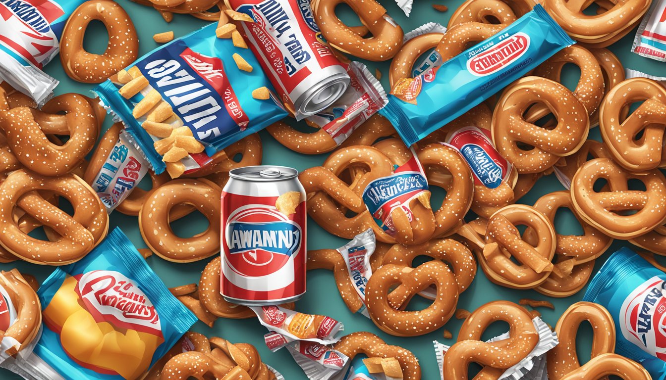 A pile of pretzels surrounded by junk food wrappers and a soda can, with a red "unhealthy" warning sign above them