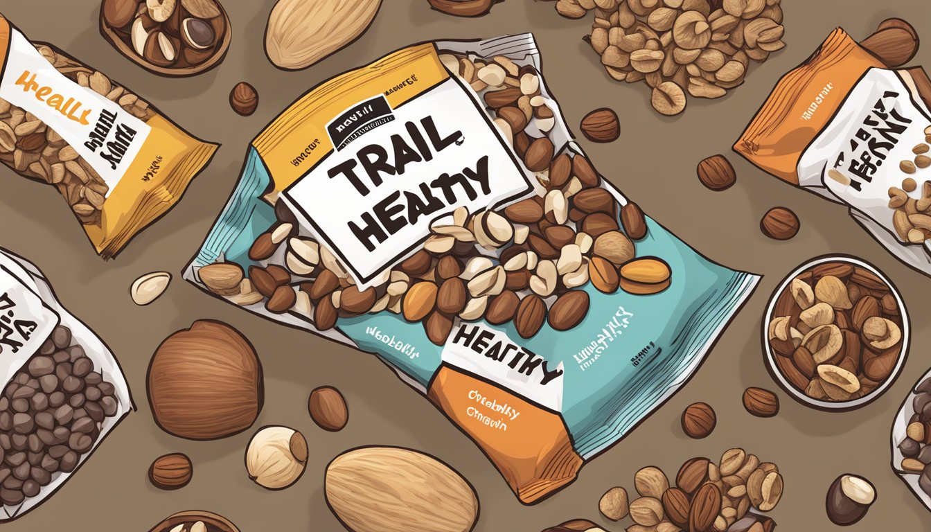 A pile of trail mix ingredients scattered on a table, including nuts, dried fruit, and chocolate chips. A label with the word "healthy" is crumpled nearby