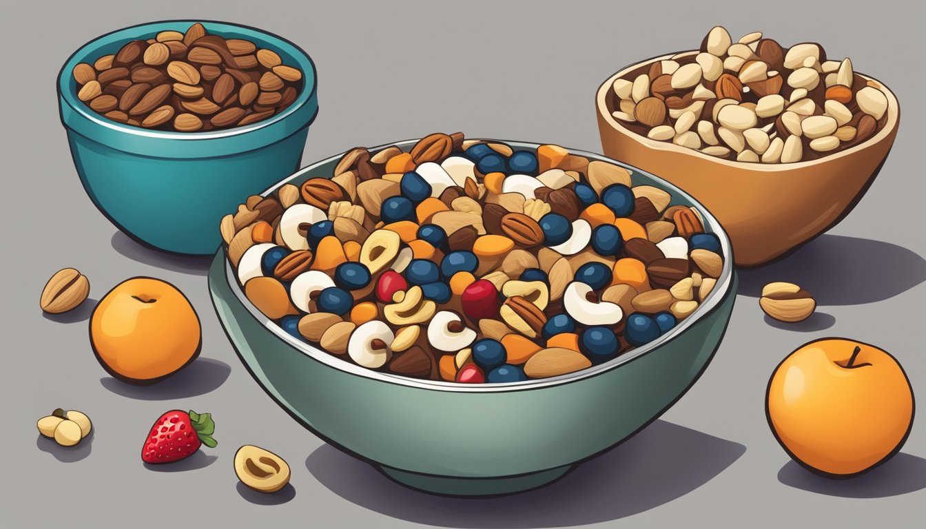 A bowl of trail mix sits next to fresh fruit and nuts, emphasizing its unhealthy reputation in a balanced diet