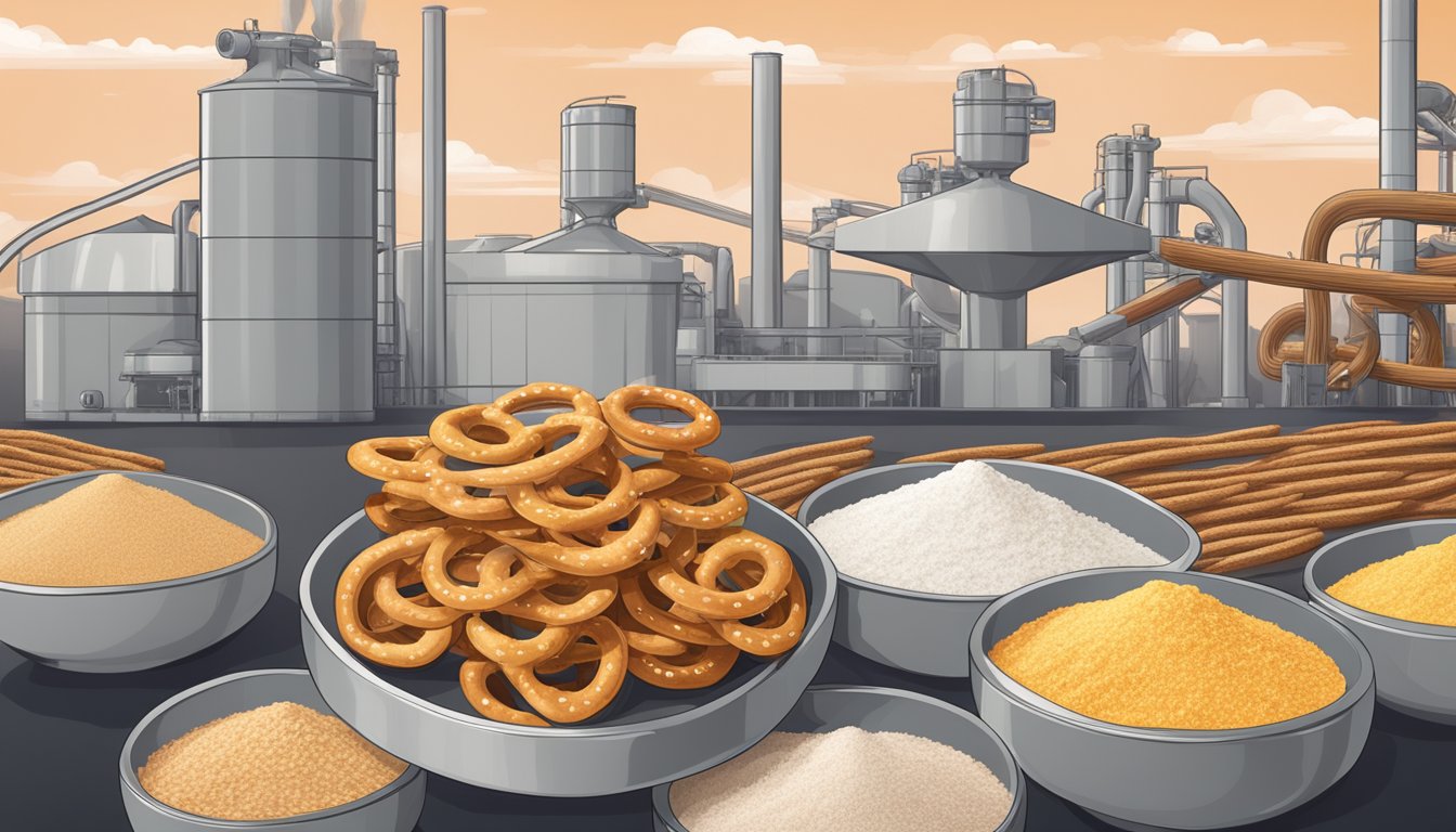 A factory conveyor belt churning out pretzels next to a stack of unhealthy ingredients like salt, sugar, and processed flour