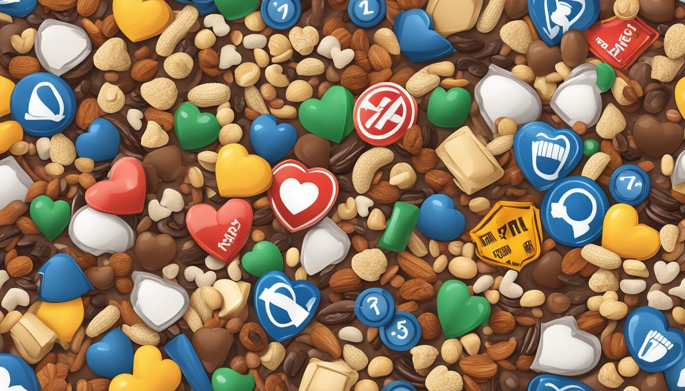 A pile of trail mix surrounded by warning signs and symbols of health risks, such as heart disease, obesity, and high cholesterol