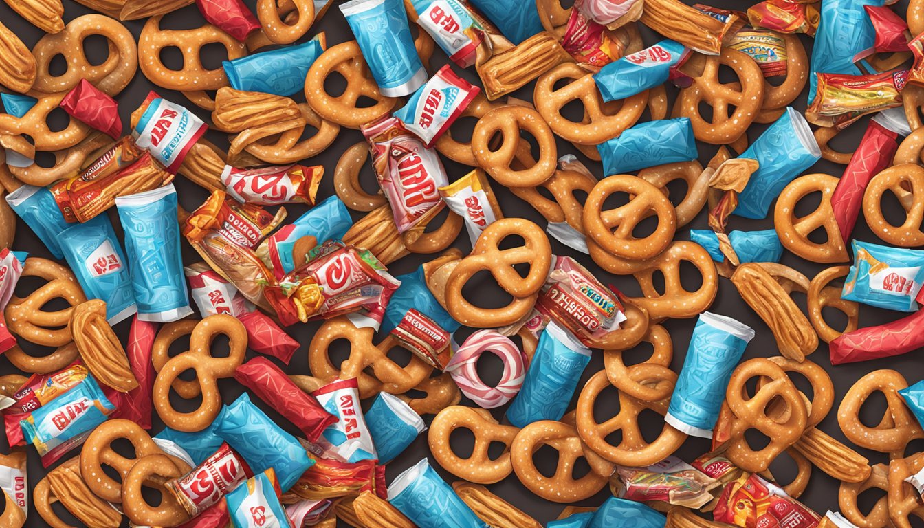 A pile of pretzels surrounded by junk food wrappers, with a red "X" over them