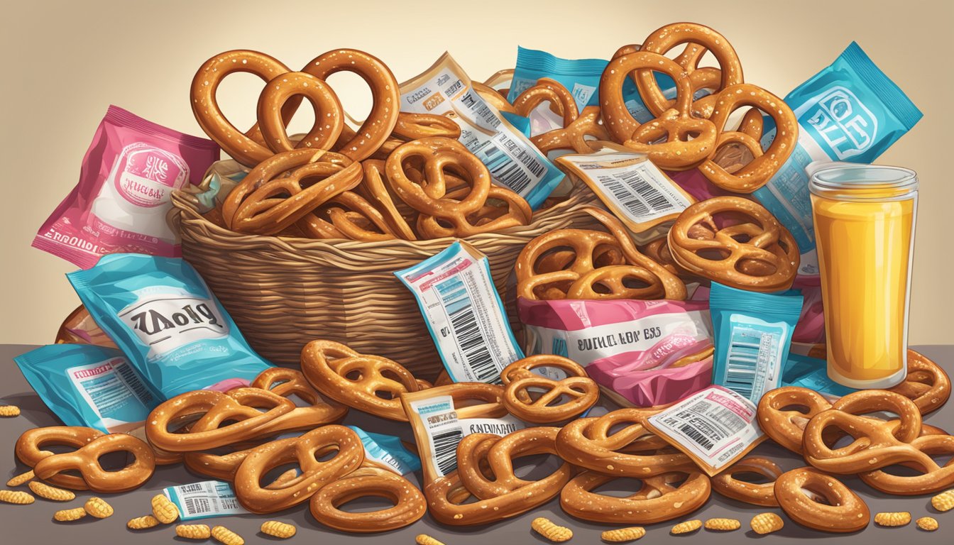 A pile of pretzels surrounded by unhealthy food labels and a warning sign