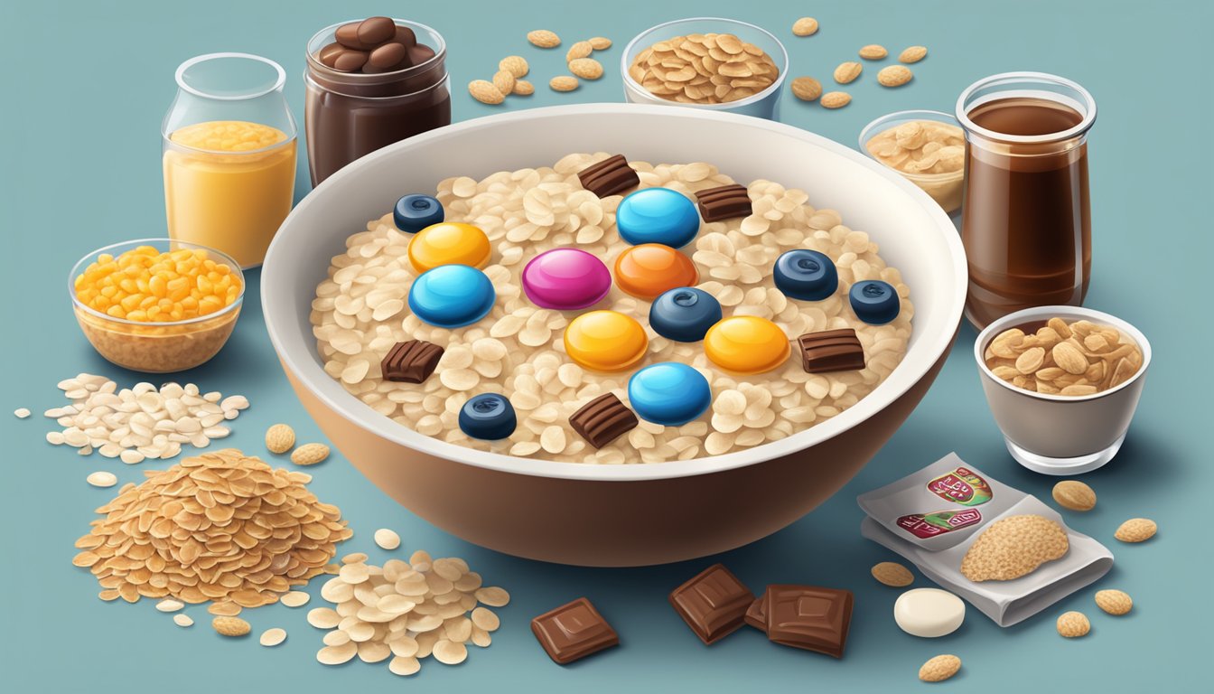 A bowl of instant oatmeal with added sugars, surrounded by unhealthy processed ingredients like sugar packets, syrup bottles, and candy bars