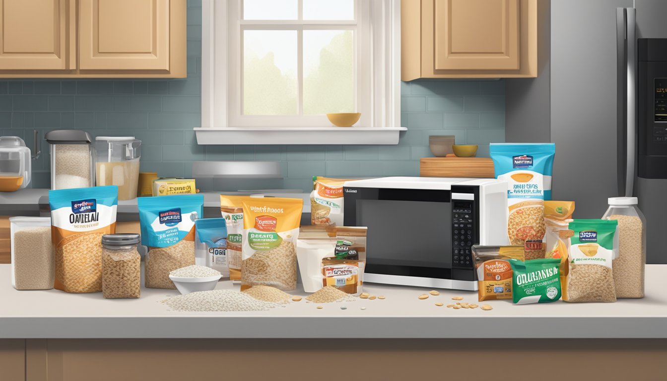 A cluttered kitchen counter with instant oatmeal packets, a microwave, and a box of sugary toppings