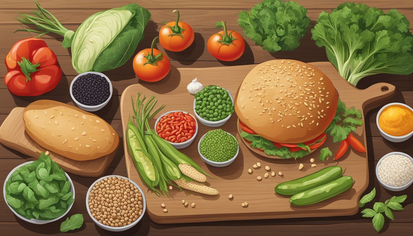 A spread of fresh, colorful vegetables and legumes, with a variety of whole grain buns and condiments, arranged on a wooden cutting board