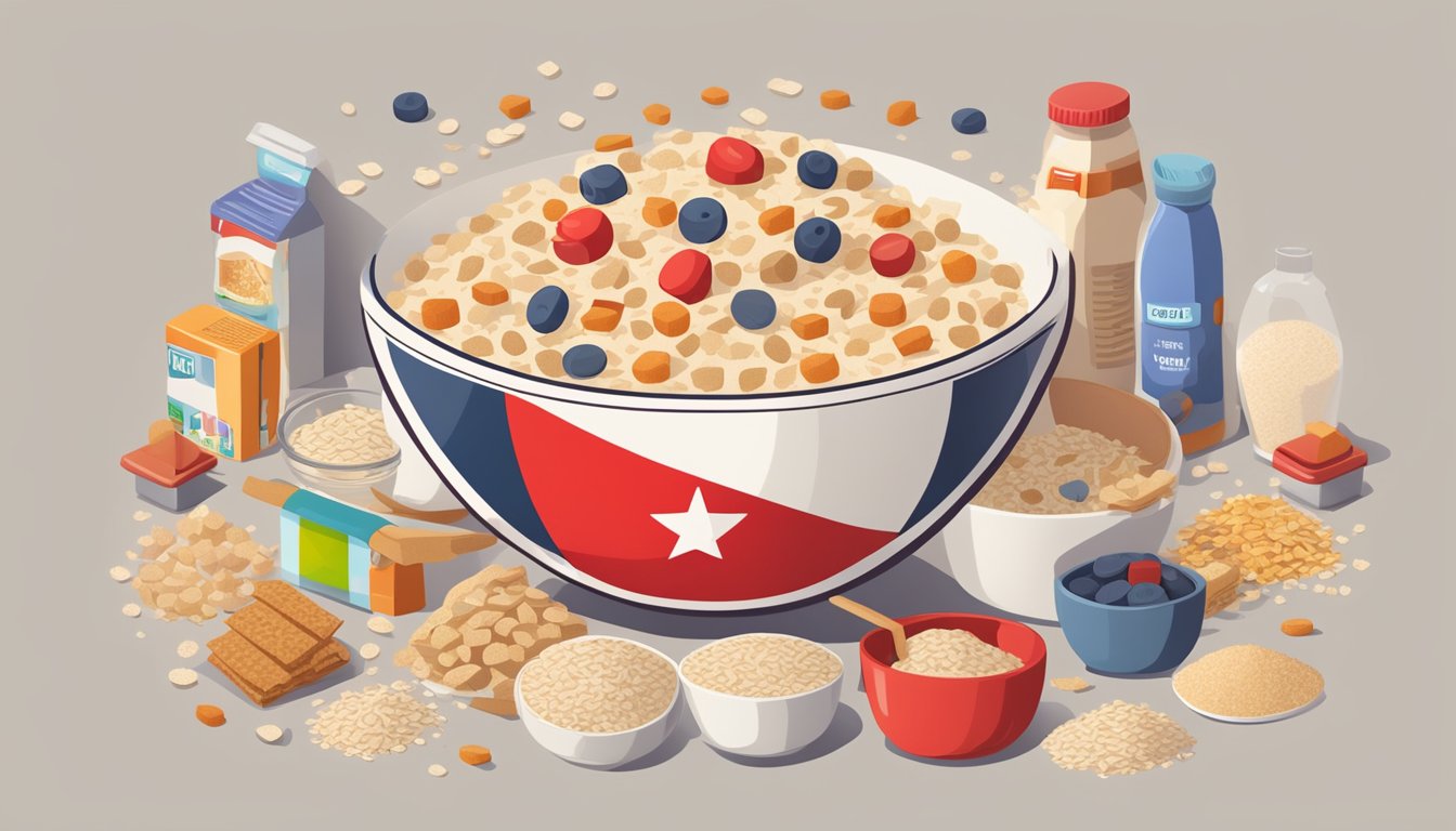 A bowl of instant oatmeal surrounded by unhealthy additives like sugar, artificial flavors, and preservatives. A red "X" over the bowl to symbolize its lack of healthiness