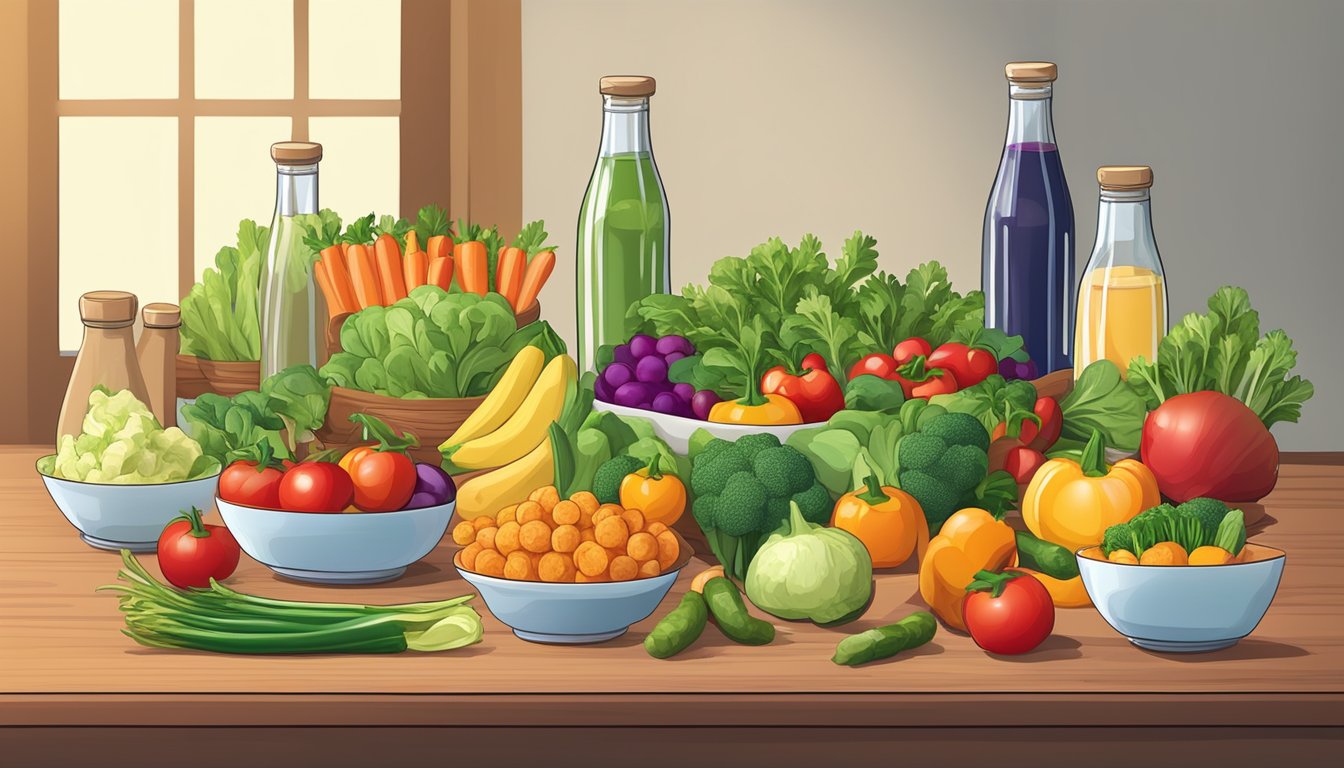 A table set with a colorful array of fresh vegetables and fruits, next to a bottle of light salad dressing labeled "healthy."