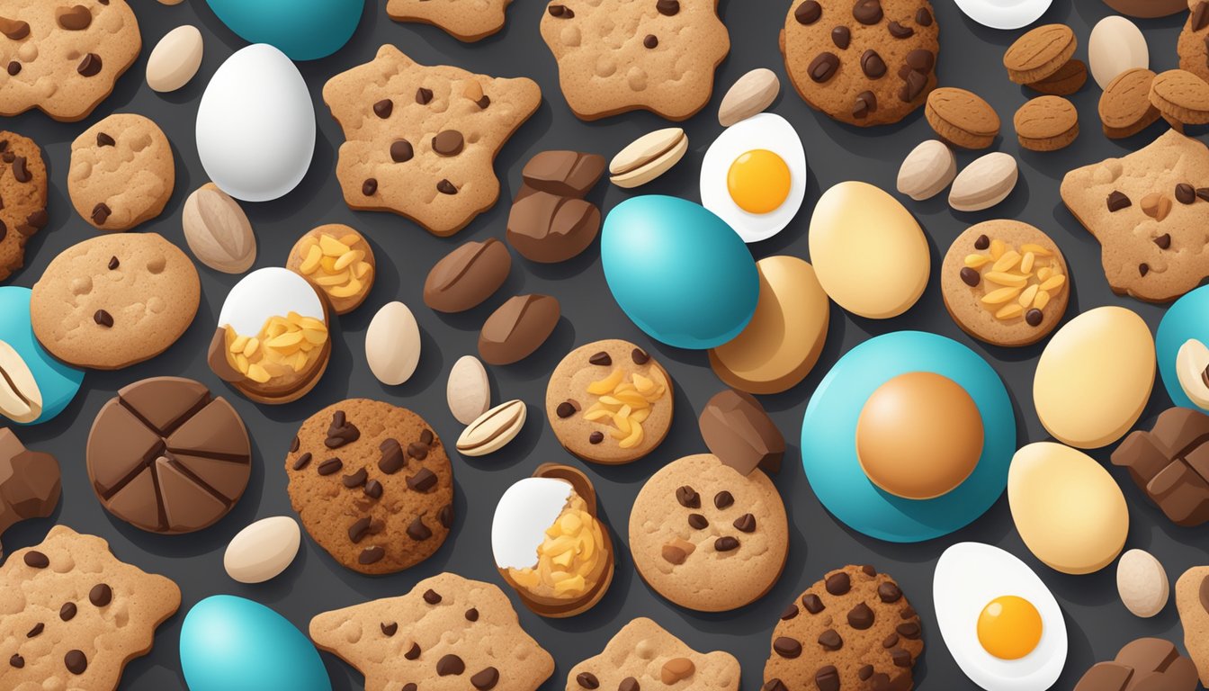 A variety of protein sources (eggs, nuts, beans) surrounded by unhealthy protein cookies, with a red "X" over the cookies