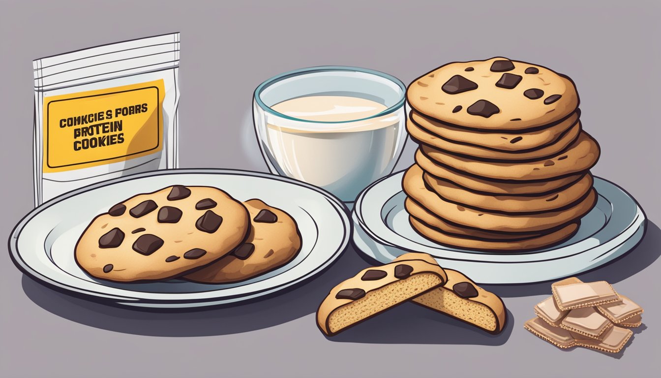 A plate of protein cookies next to a pile of empty sugar packets and a warning label