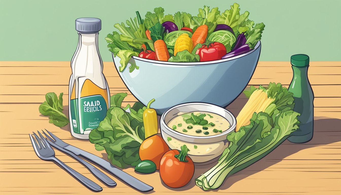 A vibrant salad bowl with a variety of fresh vegetables, topped with a drizzle of light salad dressing. The dressing bottle sits next to the bowl, labeled as "light" but containing unhealthy ingredients